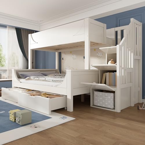 NNJN Kinderbett Etagenbett mit Leiterschrank & Schubladen, Elegante Schlittenform Design, Holzbett mit Rausfallschutz und Lattenrost, Weiß(Ohne Matratze) (Oben90x200cm,Unten140x200cm) von NNJN