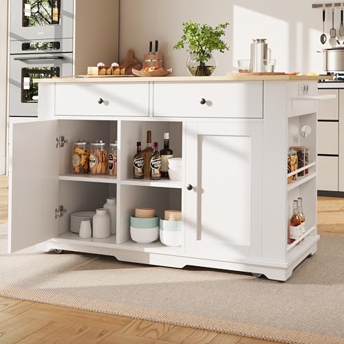 NNJN Kücheninsel, Küchenwagen mit Steckdosenleiste ausgestattet, Küchenschrank, Servierwagen mit arbeitsplatte, buffetschrank, Speisewagen mit Holzmaserung, buffetschrank (weiß) von NNJN