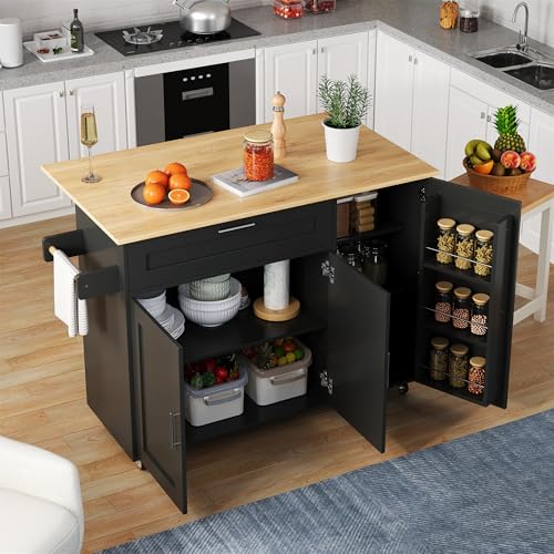 NNJN L132.5*B44(70)*H90cm großer mobiler Küchentisch, Arbeitsplatte klappbar, Eiche Maserung, multifunktionaler Schrank, Gewürzregal, Handtuchhalter, 5 Rollen, geeignet für Küche/Essen/Haus von NNJN