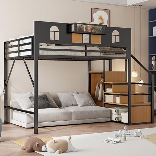 NNJN Metall-Hochbett 140 x 200 cm, Mit Stauraumleiter, Fenster, Holzplatten und Netzgewebe, Einzigartige Erhöhte Umzäunung, Ablagefläche Am Bett, Stabiler Metallrahmen (Schwarz) von NNJN