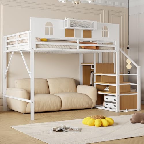NNJN Metall-Hochbett 140 x 200 cm, Mit Stauraumleiter, Fenster, Holzplatten und Netzgewebe, Einzigartige Erhöhte Umzäunung, Ablagefläche Am Bett, Stabiler Metallrahmen (Weiß) von NNJN