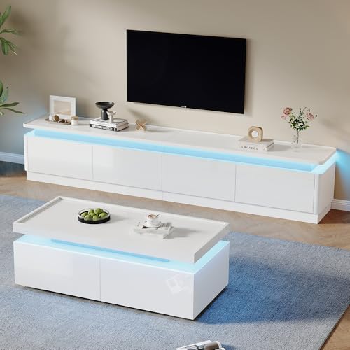 NNJN Moderne, minimalistische, weiße Hochglanz-TV-Schrank-Couchtisch-Kombination: mit LED-Leuchten + 4 Schubladen, geeignet für 75-Zoll-Fernseher Weiß (TV-Schrank-Couchtisch-Kombination) von NNJN