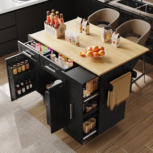 NNJN Moderne Kücheninsel, Küchenschrank, buffetschrank, Speisewagen mit Holzmaserung, Multifunktionale Esstisch mit Speicherraum, Speisewagen mit Snackregalen und Stretchfunktionsschränken (Schwarz) von NNJN