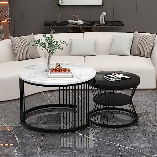 NNJN Moderner Nesting-Couchtisch, Couchtisch-Set, Hochglanz-Tischplatte, marmoriert, Sofa-Beistelltisch, runder Nesting-Couchtisch, 2er-Set, schwarzer Rahmen NNJN Moderner Nesting-Couchtisch, Couchtisch-Set, Hochglanz-Tischplatte, marmoriert, Sofa-Beistelltisch, runder Nesting-Couchtisch, 2er-Set, schwarzer Rahmen von NNJN