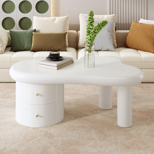 NNJN Moderner Weißer Couchtisch mit Unregelmäßiger Form – 2 Schubladen, Platzsparend, Stilvoll, Stabil – Perfekt für Wohnzimmer & Mehrzwecknutzung von NNJN