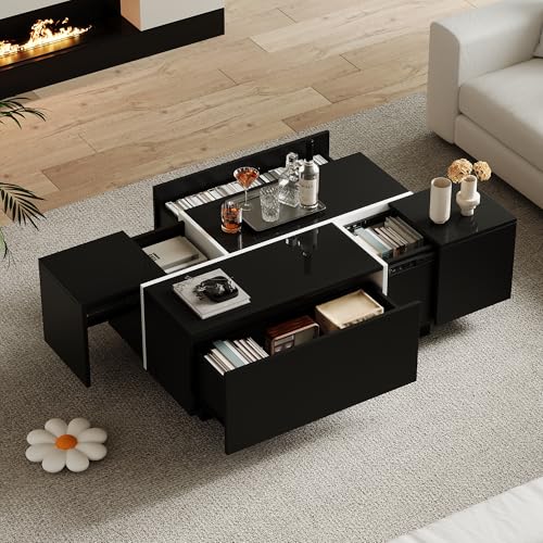 NNJN Moderner schwarzer quadratischer Couchtisch, Sofatisch in Patchwork-Farben mit Hochglanzoptik, 100 x 60 x 40 cm – Wohnzimmertisch mit Vier Schubladen, verschiebbare Tischplatte. (schwarzer) von NNJN