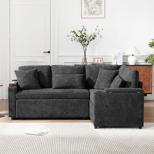 NNJN Modernes ausziehbares Ecksofa, Canapé Convertible mit Stauraum, Becherhalter, USB-Ladeanschluss, Armlehnenablage und Zwei Kissen, Sofa für Wohnzimmer, Gästezimmer, Heimkino und Apartment (Gray) von NNJN