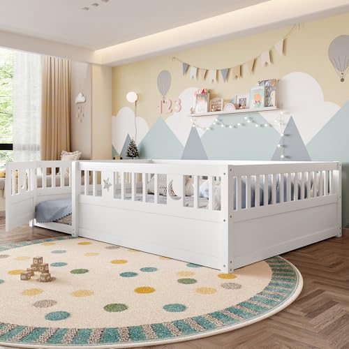 NNJN Paneelbett, Kinderbett mit Gitter,Stern- und Monddekoration, ohne Matratze, Minimalistischer Stil (Weiß haben Lattenrost, 140 x 190 cm) von NNJN