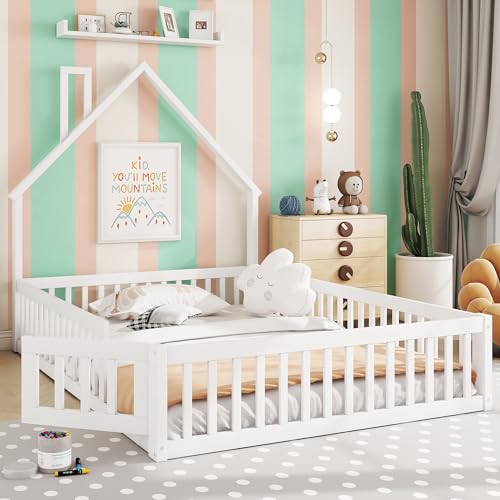 NNJN Polsterbett, 140 x 190 cm, Kinderbett mit Schornsteinform, Bett mit Lattenrost (ohne Matratze), Kiefernholz, Minimalistischer Stil. (Weiß) von NNJN