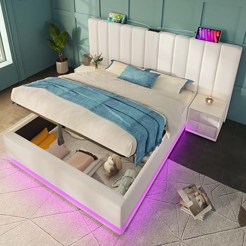 NNJN Polsterbett, Doppelbett Stauraumbett mit App Control LED und USB-C Ladefunktion, Bettgestell mit Lattenrost, Ohne Matratze und Nachttisch (Weiß+PU, 180×200) von NNJN