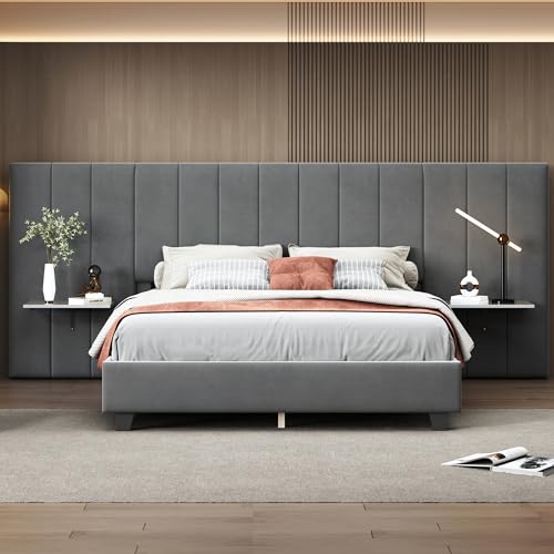 NNJN Polsterbett, Doppelbett mit verlängertem Kopfteil und Rückenlehne, Ablagen an beiden Seiten des Kopfteils, mit Lattenrost, Samtstoff (Grau, 160 x 200 cm)（Ohne Matratze） von NNJN