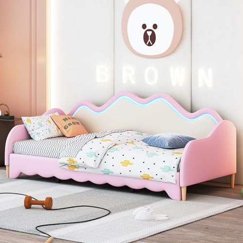 NNJN Polsterbett 90(180)*190cm, 2-in-1 Multifunktions-Schlafsofa, Kinderbett aus Kunstleder mit LED-Beleuchtung, mit Lattenrost (Rosa)(Ohne Matratze) von NNJN