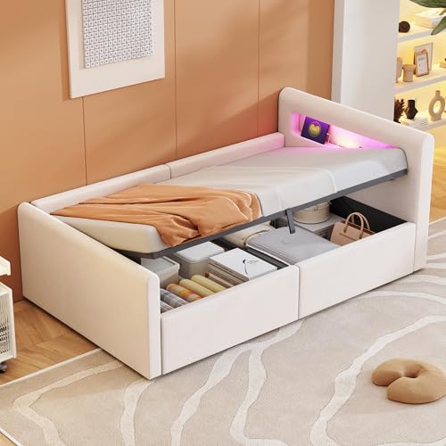 NNJN Polsterbett Kinderbett 90 * 200 cm, Mit LED-Licht, Mit Nachtlicht und USB-Ladeanschluss, Mit Regal, Mit Hydraulischem Stauraum, Einfaches Einzelbett, Jungen- und Mädchenbetten, Samtstoff (Beige) von NNJN