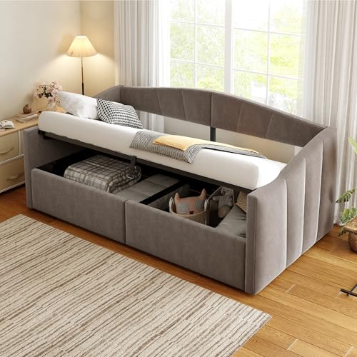 NNJN Polsterbett Sofabett, Mit hydraulischer Lagerung, Mit Lattenrost und Armlehnen, Klassisch Gestreift, Multifunktionales Einzelbett, Hautfreundlicher Samtstoff (Grau, 90 * 200cm) von NNJN