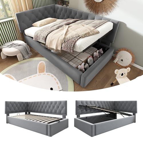NNJN Polsterbett Tagesbett Daybett Schlafsofa mit hydraulischem Stauraum, Kinderbett Jugendbett Bettgestell mit Lattenrost aus Holz, Samt, ohne Matratze. 90x190cm (Grau) von NNJN