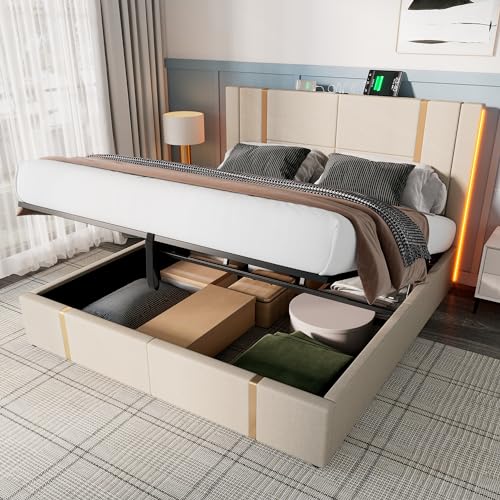 NNJN Polsterbett USB Type C Ladefunktion APP-Control LED Einzelbett Stauraumbetten Bettgestell, Lattenrost aus Holz,Beige Leinenmaterial (Ohne Matratze) (140×200cm) von NNJN
