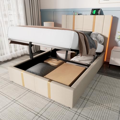 NNJN Polsterbett USB Type C Ladefunktion APP-Control LED Einzelbett Stauraumbetten Bettgestell, Lattenrost aus Holz,Beige Leinenmaterial (Ohne Matratze) (90×200cm) von NNJN