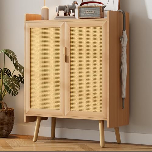 NNJN Sideboard Kommode, verstellbaren Regalböden und geflochtenem Rattan-Design - Schuhschrank mit Metallgriffen und Massivholzfüßen (80x35x105.5) von NNJN