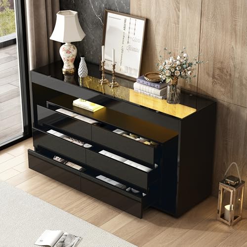 NNJN Sideboard mit 6 großen Schubladen, LED-Hochglanz-Sideboard mit Platte aus gehärtetem Glas, Doppellagiges Design mit großem Stauraum, geeignet für Wohnzimmer, Flur, Schlafzimmer, Büro, Schwarz von NNJN