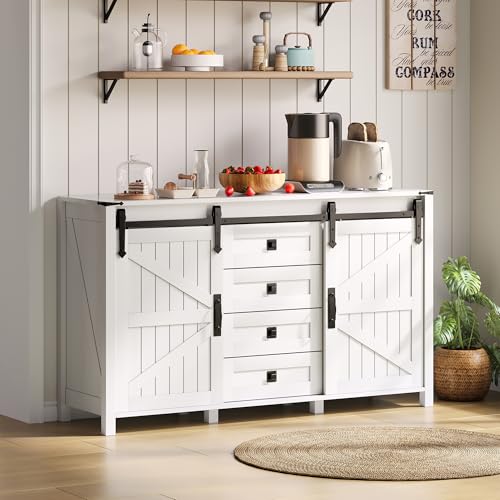 NNJN Sideboard mit Stauraum, 137 cm breiter Seitenschrank mit Schiebetüren und 4 Schubladen, Vintage-Kaffeebar-Sideboard, geeignet für Küche, Esszimmer und Wohnzimmer, weiß. von NNJN