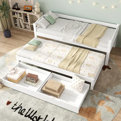 NNJN Tagesbett, Einzel- und Doppelbett, Schiebebett mit Rollen unten, mit 2 MDF-Schubladen, Massivholzrahmen, weiß (200x90cm/190x90cm) von NNJN