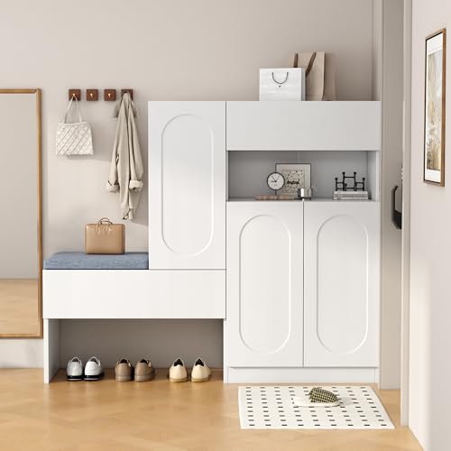 NNJN Trendiger 2-in-1 Schuhschrank mit gewölbten Türen – Klapptür mit Soft-Close-Funktion, höhenverstellbaren Fächern und gepolsterter Sitzbank, 130×35×110cm (Weiß) von NNJN