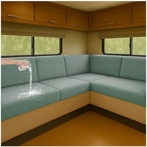 NNSMUN Stretch Bezüge für Wohnwagenpolster wasserdichte rutschfeste Sitzbezüge mit Kordelzug, Elastische Sofa Sitzkissenbezüge für Wohnmobil, Caravan, Innenbereich (Grün,L 130-160cm,W 40-65cm) von NNSMUN