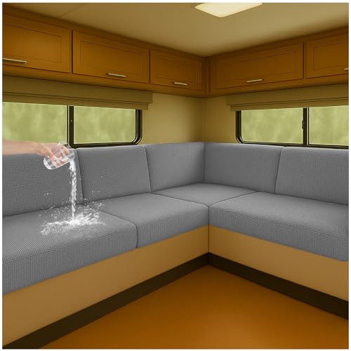 NNSMUN Stretch Bezüge für Wohnwagenpolster wasserdichte rutschfeste Sitzbezüge mit Kordelzug, Elastische Sofa Sitzkissenbezüge für Wohnmobil, Caravan, Innenbereich (Hellgrau,L 190-220cm,W 40-65cm) von NNSMUN