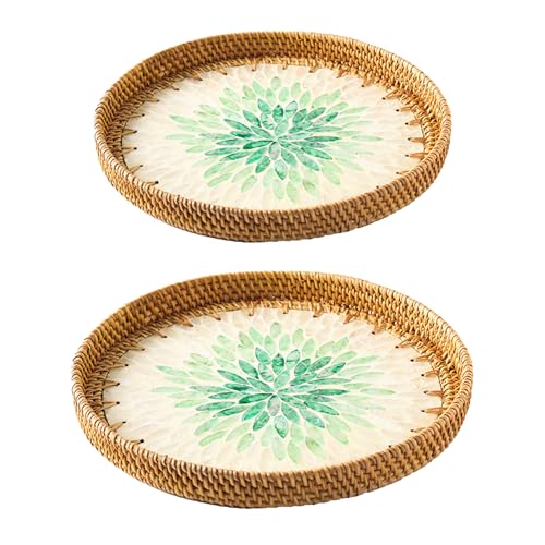 2 Stück Rattan-Serviertablett, Rattan-Brotkörbe Zum Servieren, Dekoratives Rundes Weidenkorb-Tablett mit Perlmutt-Einlage, Obst-Aufbewahrungstablett Zum Servieren auf Dem Couchtisch Im(#1) von NNXHWY