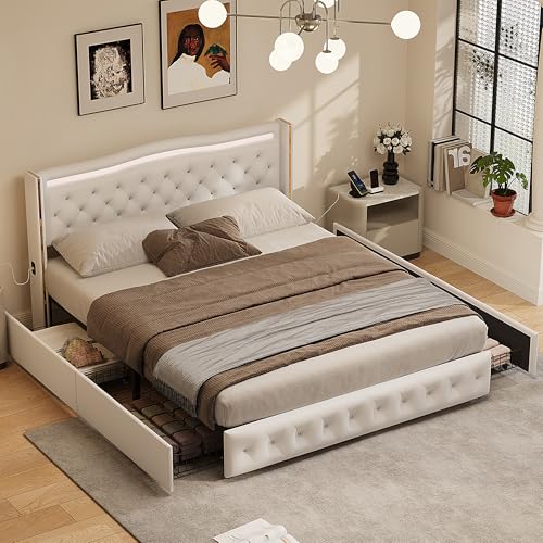 Doppelbett, 140 x 200 cm, mit 4 Schubladen, Polsterbett mit Stauraum, federfreie Boxspringbetten mit verstellbarer LED, USB-Ladeanschluss, Strassverzierung, PU (Weiß, 140 x 200 cm) von NNXHWY