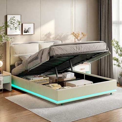 Gepolstertes Bett 140x200cm, Doppelbett 140x200 mit Stauraum, Jugendbett 140x200 mit Lattenrost, Polsterbett, Hydraulikbett mit wechselndem LED und Rückenlehne mit Reißverschluss (Beige, 140 cm) von NNXHWY