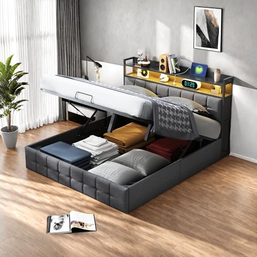 NNXHWY Doppelbett mit Stauraum, Bett 140 x 200 cm, gepolstertes Doppelbettgestell, gepolstertes Plattformbett, Lettoss Erwachsene aus Holz mit wechselndem Licht (Grau, 140 cm) von NNXHWY