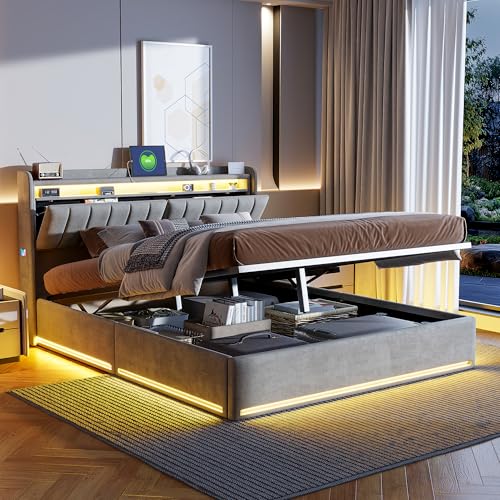 NNXHWY Gepolstertes Doppelbett, Boxspringbett, Polsterbett 140 x 200 cm, hydraulisches Bett mit Verstellbarer LED und USB-Ladefunktion, Kopfteil mit Stauraum, Samt (Grau, 140 x 200 cm) von NNXHWY