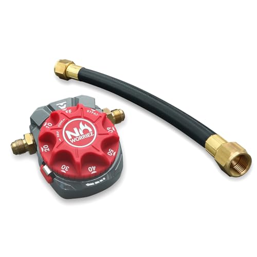 NO WORRIEZ Bypass-Sicherheits-Gas-Timer für Propan und Erdgas, Outdoor-Grill, Feuerstelle, Pizzaofen, 80.000 BTU mit 3/8 Zoll ausgestelltem Anschluss und Schlauch, zum Patent angemeldet von NO WORRIEZ