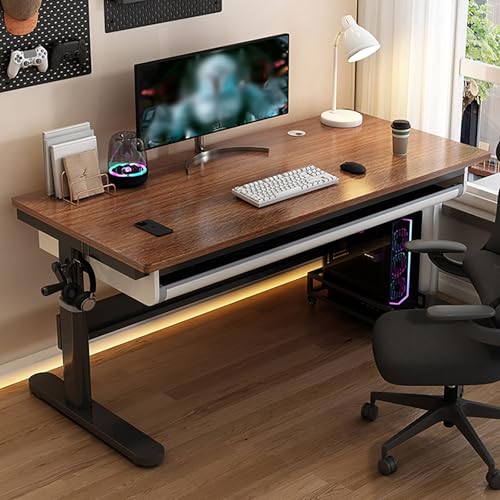 NOBBAT Höhenverstellbarer Computertisch – Manuell Verstellbarer Sitz-Steh-Schreibtisch mit ergonomischer Kurbel, 58–85 cm Hubbereich,Arbeitszimmer oder Gaming(Dark Walnut Color,120x60x58cm) von NOBBAT