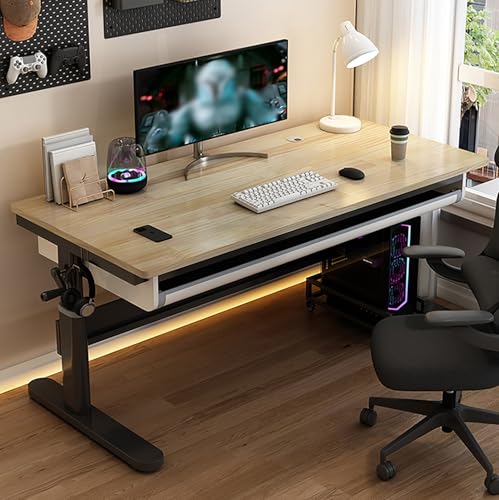 NOBBAT Höhenverstellbarer Computertisch – Manuell Verstellbarer Sitz-Steh-Schreibtisch mit ergonomischer Kurbel, 58–85 cm Hubbereich,Arbeitszimmer oder Gaming(Wood Color,120x60x58cm) von NOBBAT