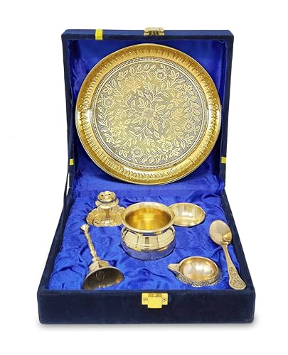 NOBILITY Messing Pooja Thali Set mit blauer Geschenkbox 15,2 cm Pital Teller Kalash Löffel Chandan Wati Dhup Dan Kuber Diya Ghanti Puja Arti Thali für Diwali Home Office Mandir Hochzeit Return NOBILITY Messing Pooja Thali Set mit blauer Geschenkbox 15,2 cm Pital Teller Kalash Löffel Chandan Wati Dhup Dan Kuber Diya Ghanti Puja Arti Thali für Diwali Home Office Mandir Hochzeit Return von NOBILITY