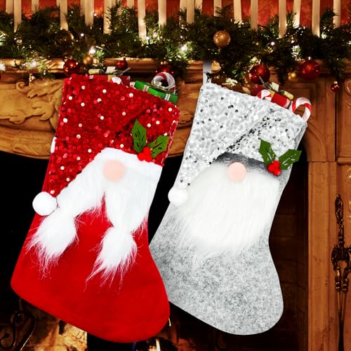 NOCHME Nikolausstrumpf Groß Zum Befüllen 2er Glitzer Kamin Nikolausstiefel Set Kaminsocken Weihnachtsstrümpf Zum Aufhängen Weihnachtsdeko Strumpf Weihnachten Dekoration Socken Rot und Grau von NOCHME