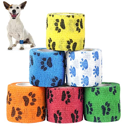 NOCHME Selbstklebender Verband, 6 Rollen 5cm Elastisch Pfote Selbstklebend Atmungsaktiv Verbandsmaterial Selbsthaftender Bandagen, Tierarzt Bandage Für Haustiere Hunde Hund Katzen Pferde Tiere von NOCHME