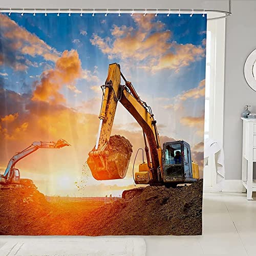 NODATE Duschvorhang 120x200 cm Bagger Shower Curtains Bagger 3D Duschvorhang Antischimmel Junge Wasserdicht Textil Waschbar Duschvorhänge für Badezimmer Badewannen von NODATE