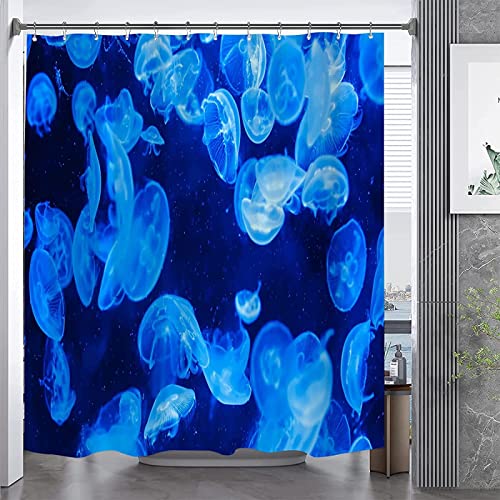 NODATE Duschvorhang 180x200 cm Blaue Qualle Shower Curtains Blaue Qualle 3D Duschvorhang Antischimmel Ozean Wasserdicht Textil Waschbar Duschvorhänge für Badezimmer Badewannen von NODATE