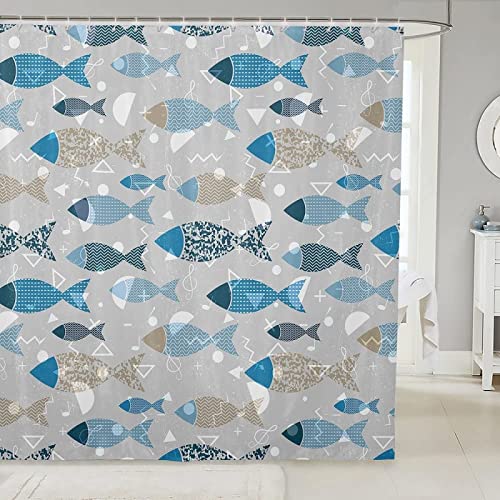 NODATE Duschvorhang 180x200 cm Fisch Shower Curtains Abstrakt Blau 3D Duschvorhang Antischimmel Fisch Wasserdicht Textil Waschbar Duschvorhänge für Badezimmer Badewannen von NODATE