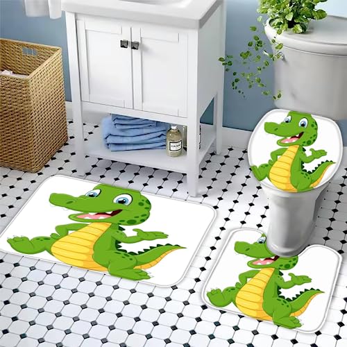 NODIII Badteppich Set 3pc Krokodil-Cartoon Badvorleger Groß 50x80 Extra Dick Flauschige Mikrofaser Tier Badezimmer Badematten Ecke,Konturmatte,Wc-Deckelbezug Rund,Rutschfester KlebefläChe von NODIII