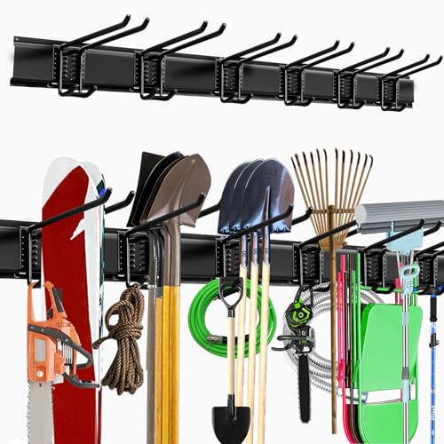 NOEAIKE Garagen-Aufbewahrungshaken, 121,9 cm, robuste Wandhalterung, Garagenorganisation mit 3 Schienen und 6 verstellbaren Doppelwandhaken, Hängeregale für Gartenwerkzeug/Besen/Mop, Schwarz von NOEAIKE