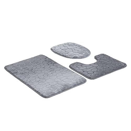NOENNULL 3 Stück Badezimmer-Toiletten-Badematte mit Kopfsteinpflaster-Prägung, Rutschfester Bodenteppich, Toilettendeckel-Abdeckmatte für Hotel (Grau) von NOENNULL