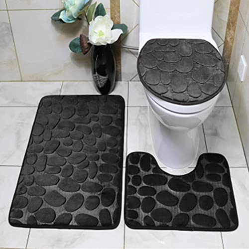 NOENNULL 3 Stück Badezimmer-Toiletten-Badematte mit Kopfsteinpflaster-Prägung, Rutschfester Bodenteppich, Toilettendeckel-Abdeckmatte für Hotel (Schwarz) von NOENNULL