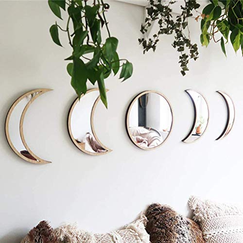 NOENNULL 5 Stück Mondphasenspiegel Set Acryl Wand Dekorative Innengestaltung Holz Mondphasenspiegel Böhmische Wanddekoration Zuhause Wohnzimmer Schlafzimmer - Kein echter von NOENNULL