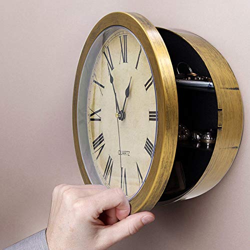 Safe Wanduhr – 25,4 cm batteriebetriebene analoge Uhr mit verstecktem Regal für Geheimfächer und mehr (goldfarben) von NOENNULL