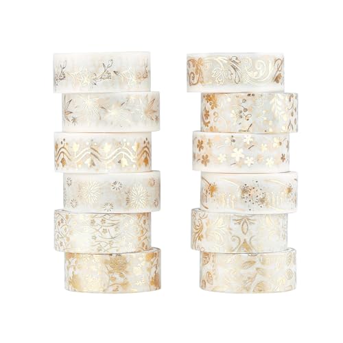 NOGAMOGA 12 Rollen Washi Tape Set, Weißes Folie Gold Masking Tapes, Dekoratives Klebeband Tape für Verschönern Bullet Journals, DIY-Basteln, Scrapbooking, Planern NOGAMOGA 12 Rollen Washi Tape Set, Weißes Folie Gold Masking Tapes, Dekoratives Klebeband Tape für Verschönern Bullet Journals, DIY-Basteln, Scrapbooking, Planern von NOGAMOGA