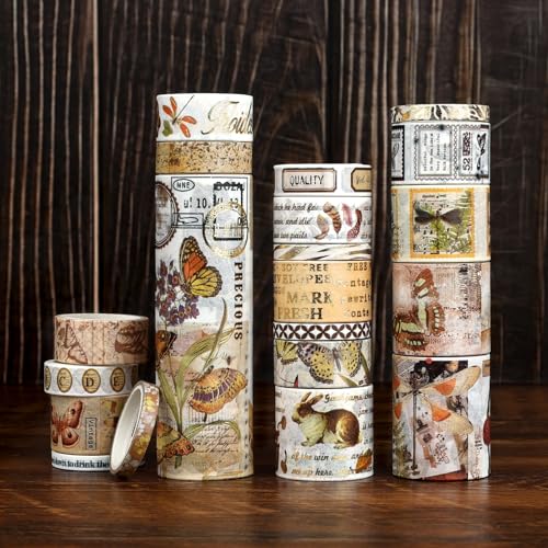 NOGAMOGA 20 Rollen Vintage Washi Tape Set, Bullet Journal Tape Pflanzen Tiere Schmetterlinge, Breit Bastelband mit goldenen Akzenten, Washi Tapes für Scrapbooking Junk Journal Kartenherstellung NOGAMOGA 20 Rollen Vintage Washi Tape Set, Bullet Journal Tape Pflanzen Tiere Schmetterlinge, Breit Bastelband mit goldenen Akzenten, Washi Tapes für Scrapbooking Junk Journal Kartenherstellung von NOGAMOGA